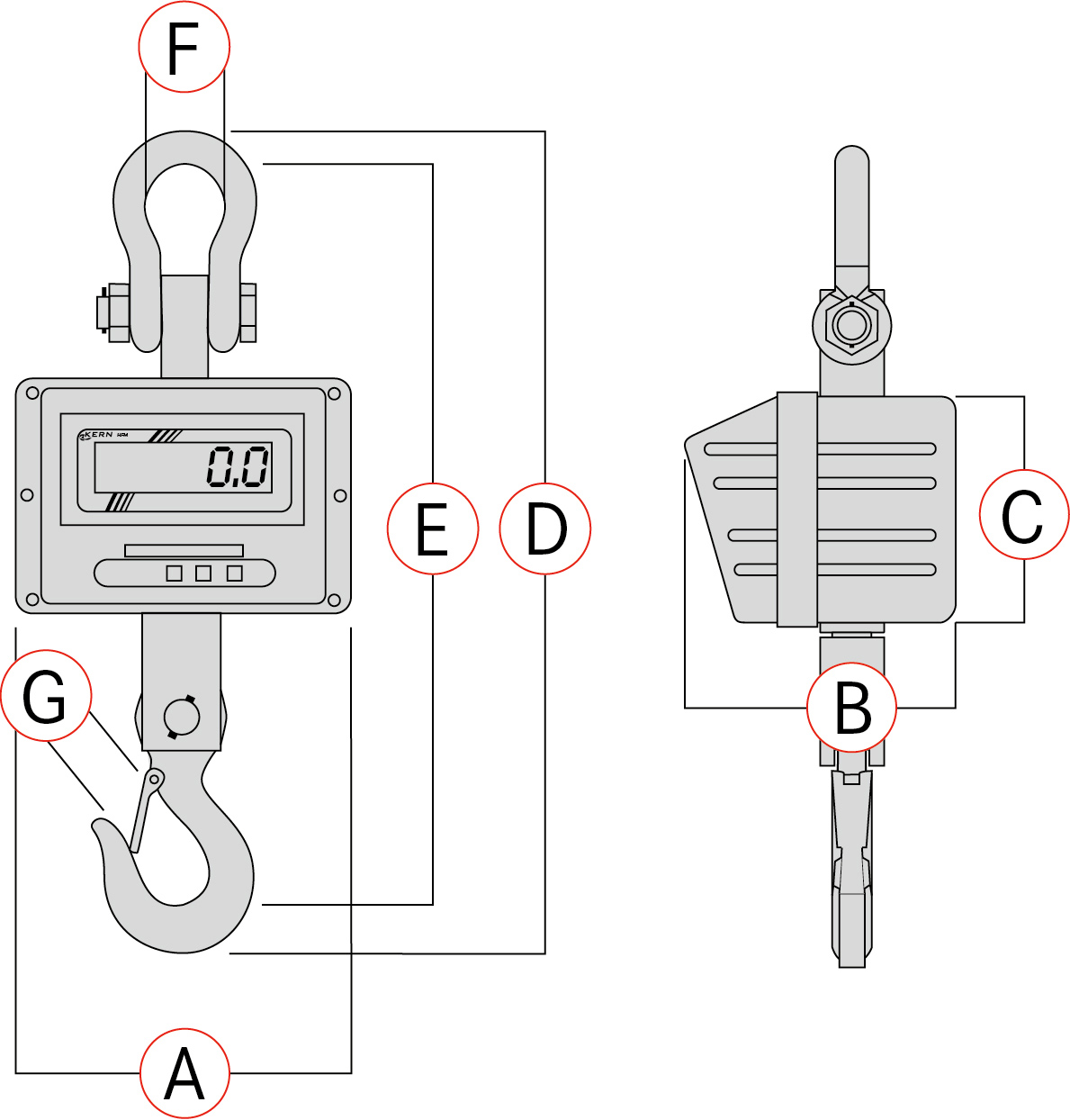 KERN & SOHN HFM 3T0.5 HFM Crane Scale, 3000 kg Capacity, 0.5 kg Readability, LED Segments Aus Display
